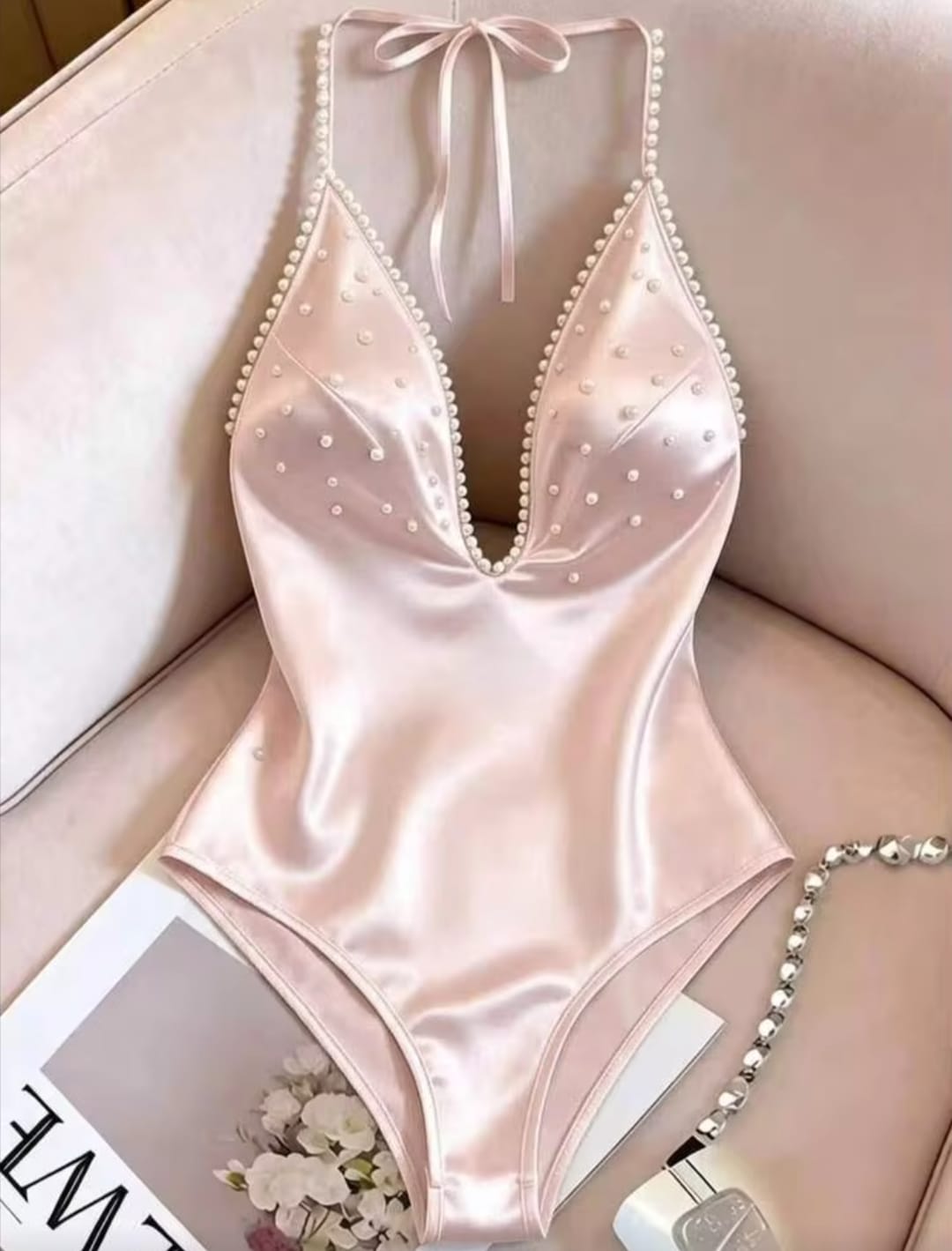 Elegant Navy Blue Faux Pearl Embellished Halter Neck Satin Bodysuit Swimsuit